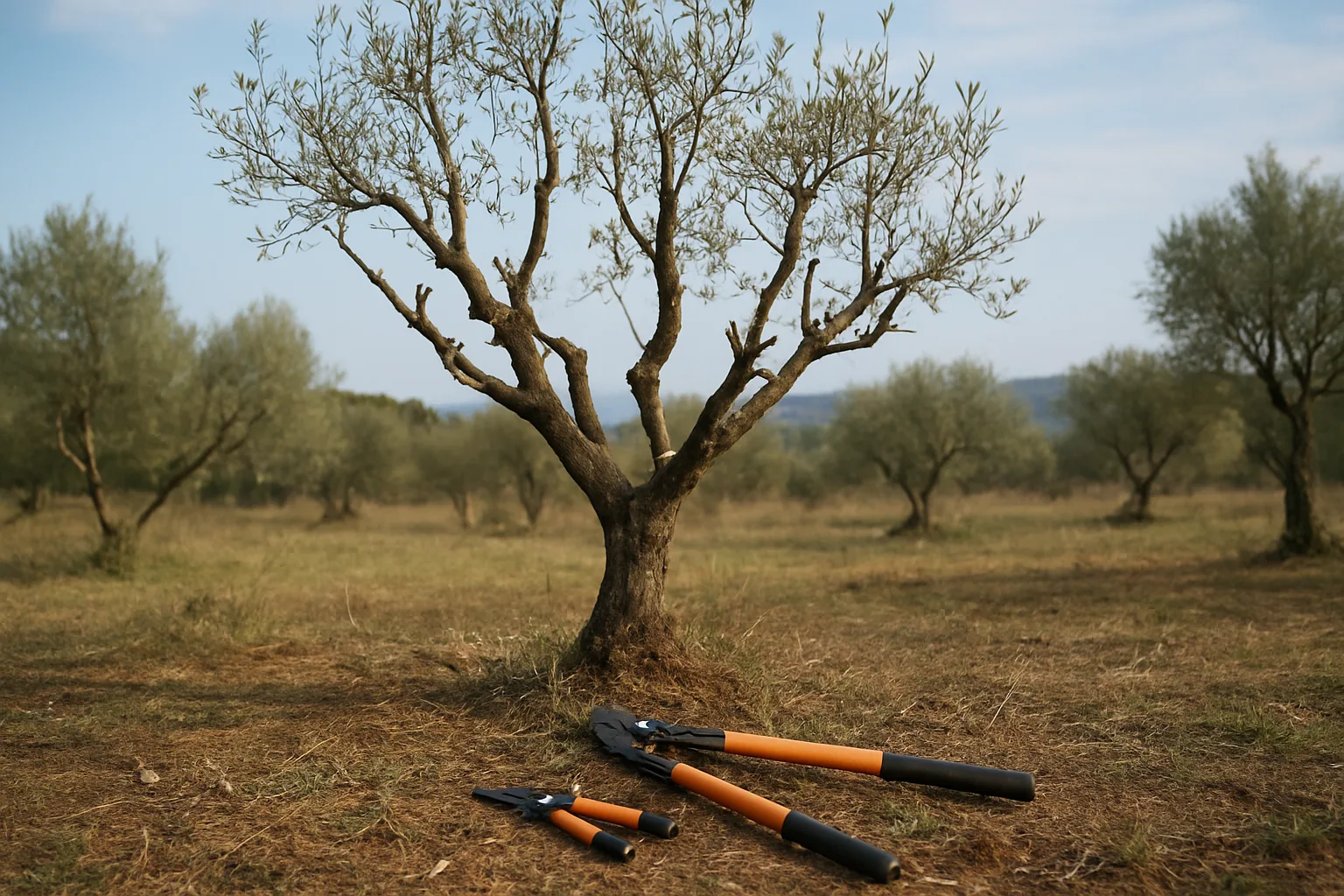 Ρεαλιστική editorial απεικόνιση ελιάς μετά τη συγκομιδή, με αραιή ανοιχτή κόμη και εργαλεία κλαδέματος Fiskars στο έδαφος, χειμερινό ελληνικό αγρόκτημα, φυσικός φωτισμός, επαγγελματικό ύφος ιστολογίου, χωρίς κείμενο, λογότυπα ή…